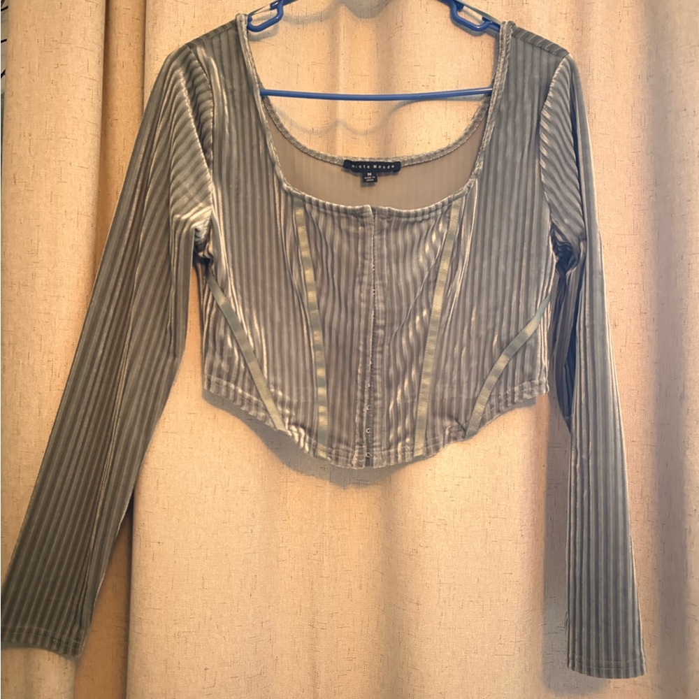 Haute Monde Ribbed Velvet Corset Crop Top Long Sleeve Gray Size Medium